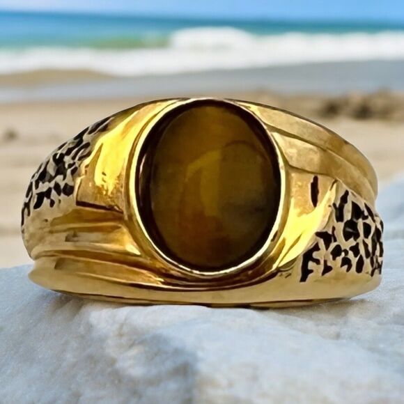 Vintage Ring Size 10 Uncas Tiger's Eye 14K Gold Plate Mid-Century Gent's 14N